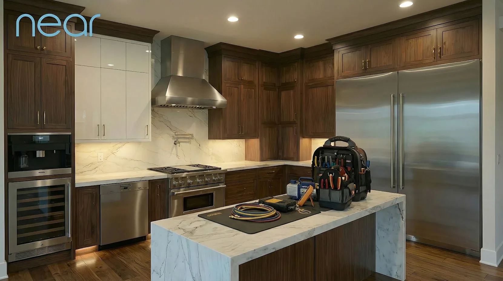 Appliance Repair Services in Edmond & OKC 1 Technician’s tool bag on a kitchen island during an appliance service call, with a built-in refrigerator, range and hood behind