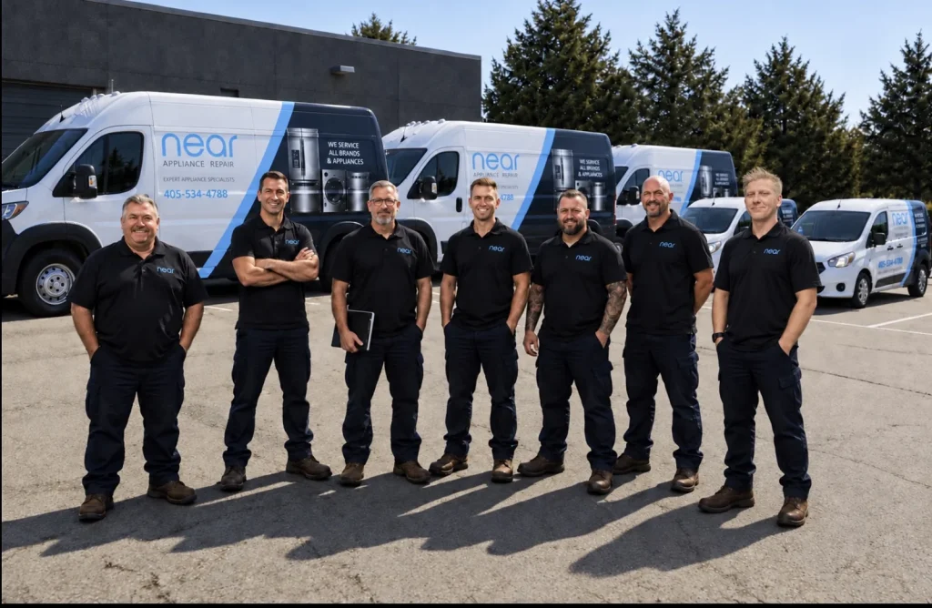 Near Appliance Repair technicians standing in front of their branded service vans