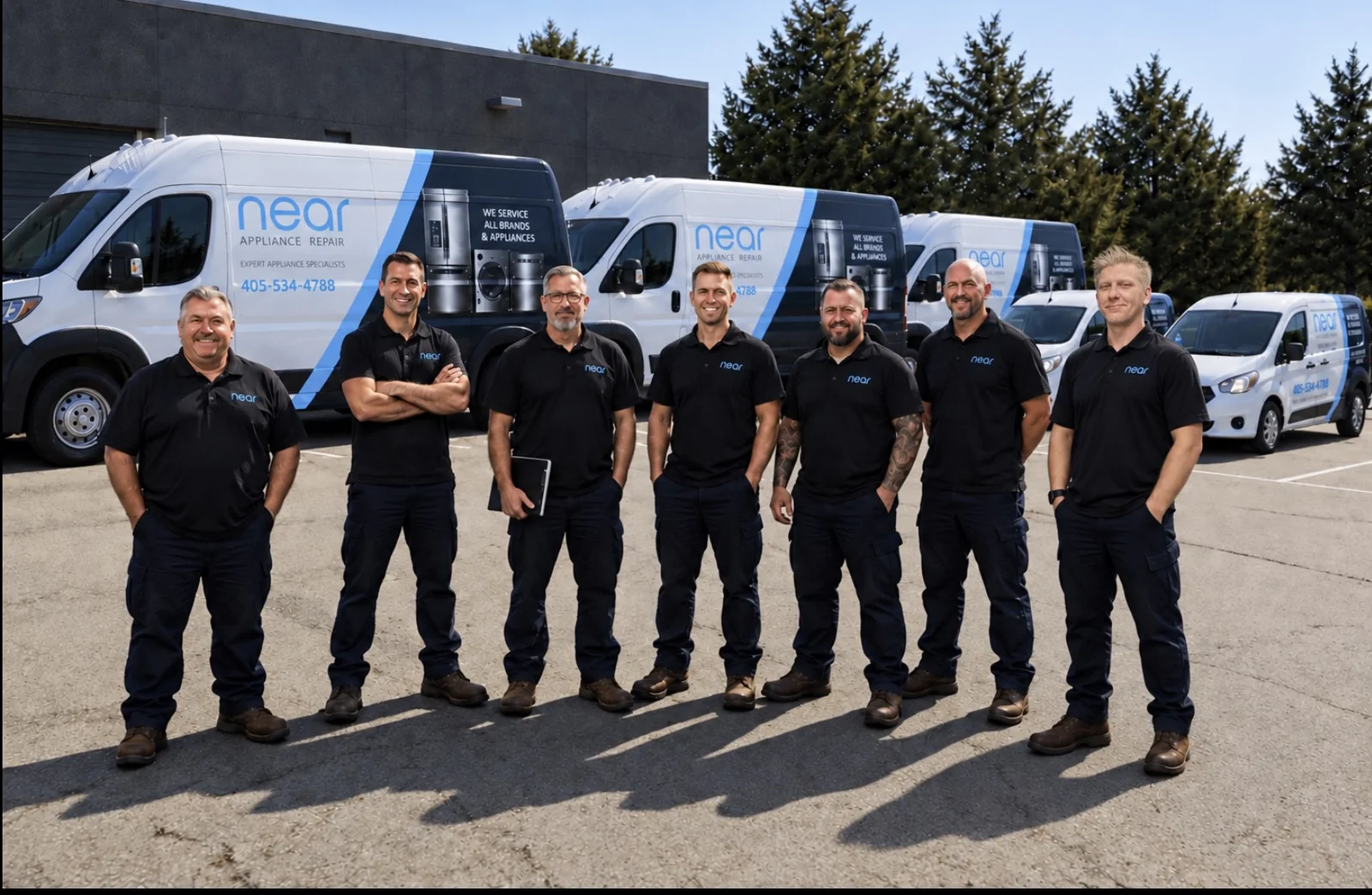 Near Appliance Repair technicians standing in front of their branded service vans