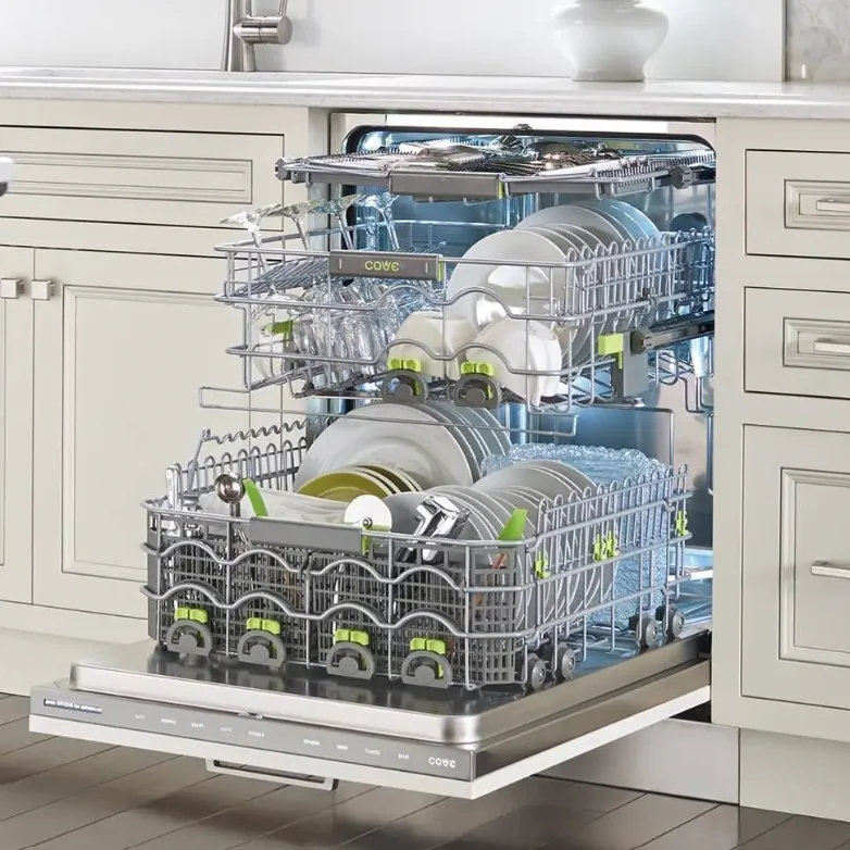 Open Cove dishwasher with three loaded racks in a kitchen
