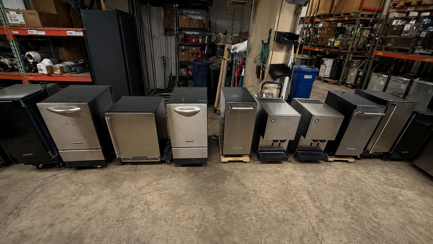 Ice Maker & Ice Machine Repair in Edmond & Oklahoma City 1 Several undercounter ice machines lined up in the Near Appliance Repair shop.