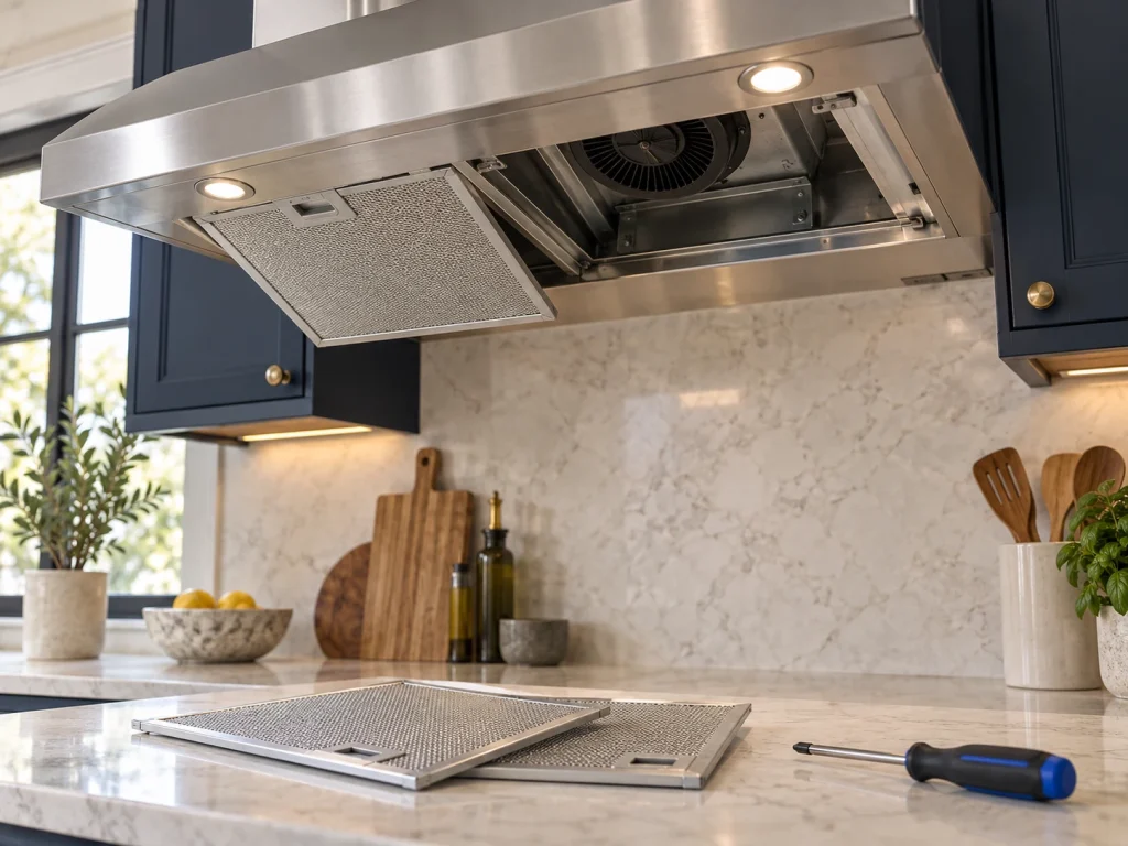 Range hood with filter panels removed for inspection