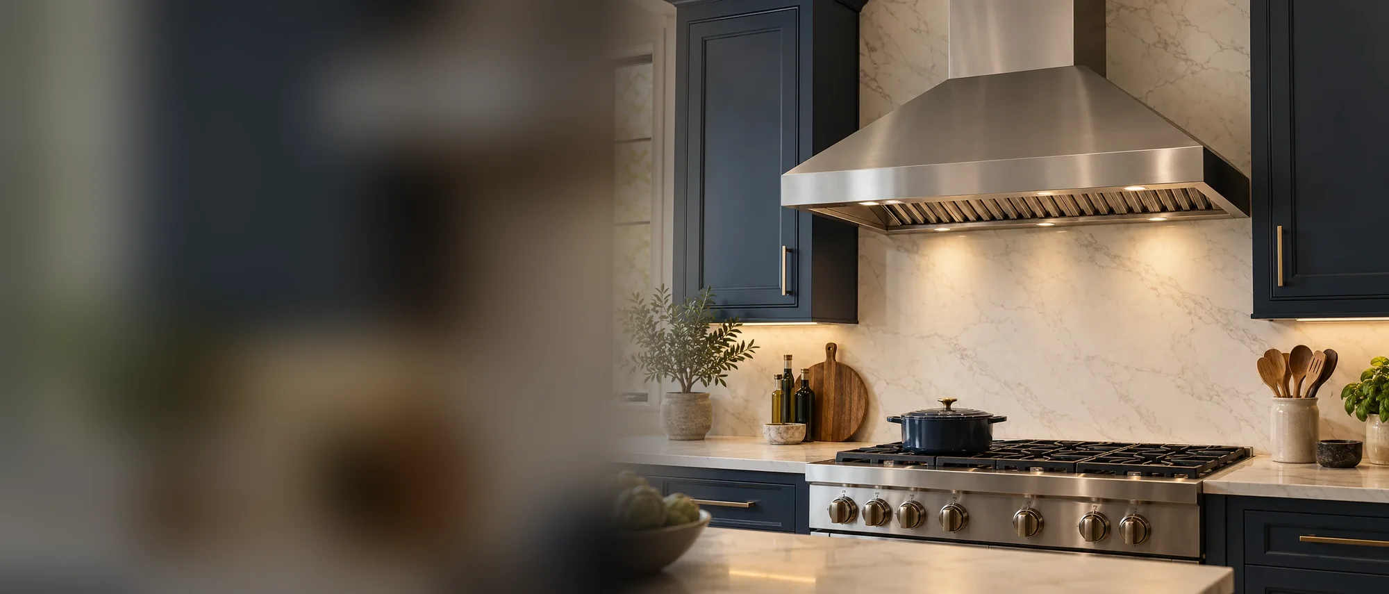 Stainless range hood over a professional gas rangetop