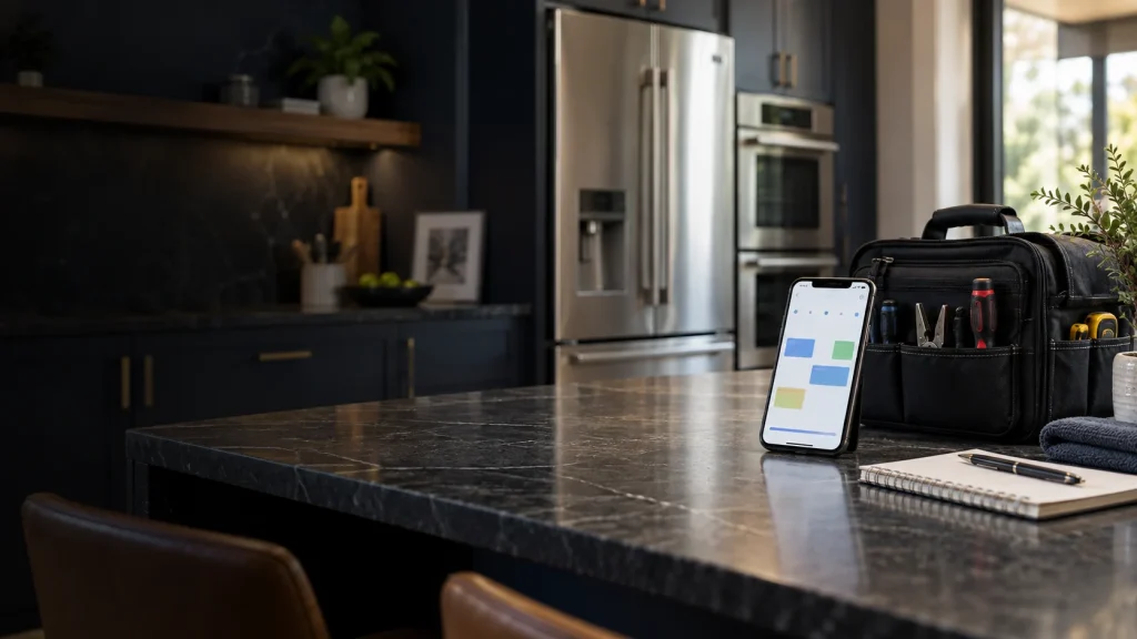 Modern kitchen with built-in cooking and refrigeration