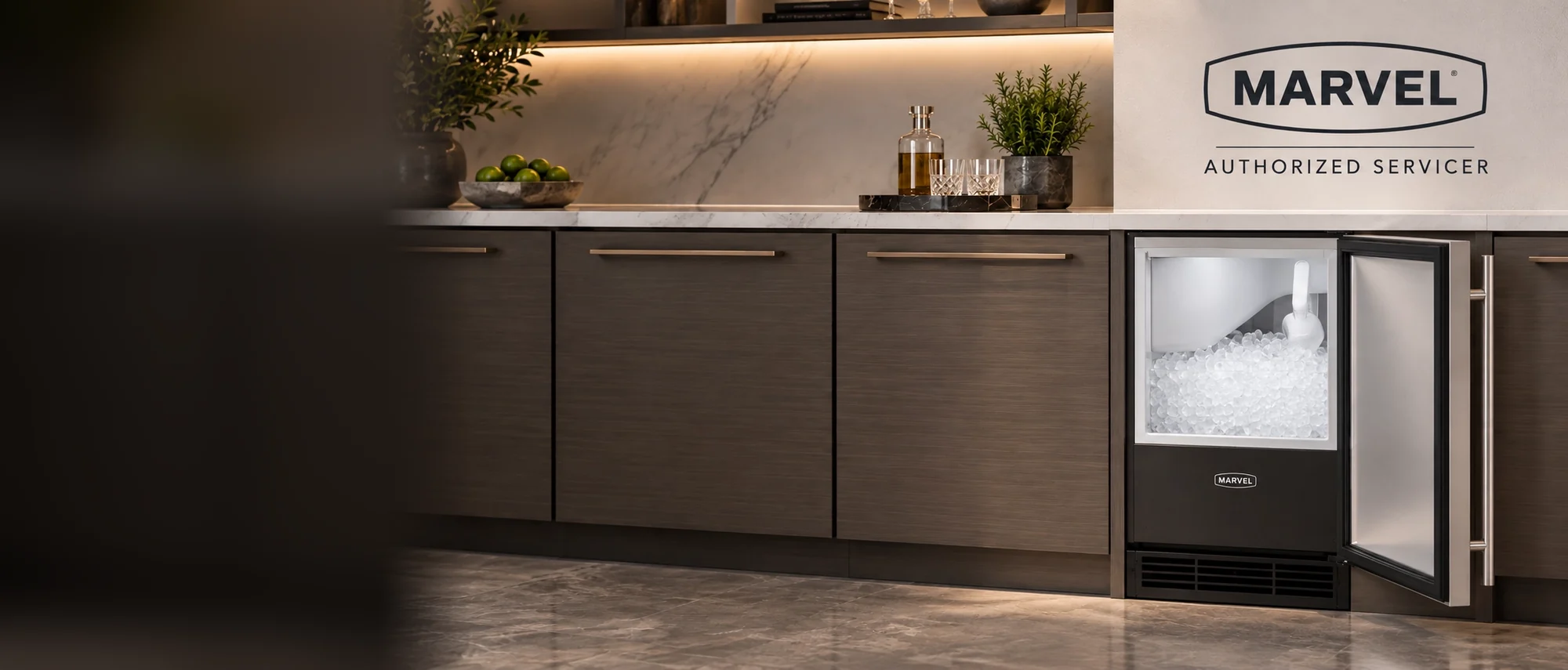 Marvel undercounter ice maker with the door open