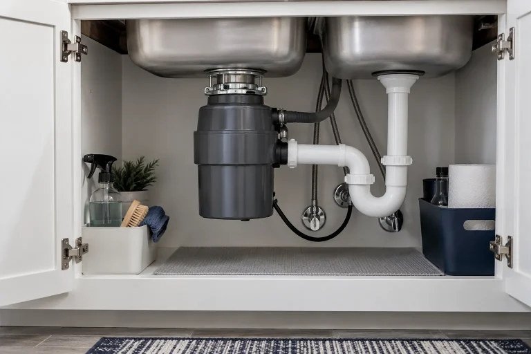 Garbage disposal and drain connections beneath a kitchen sink