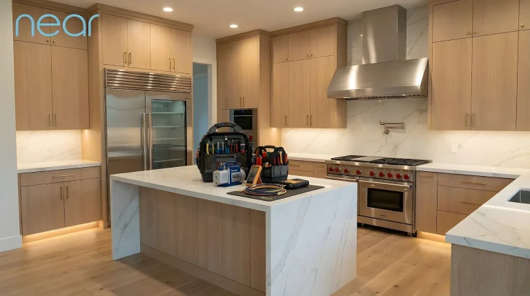 Bright kitchen with a professional gas range, wall oven and built-in refrigerator.